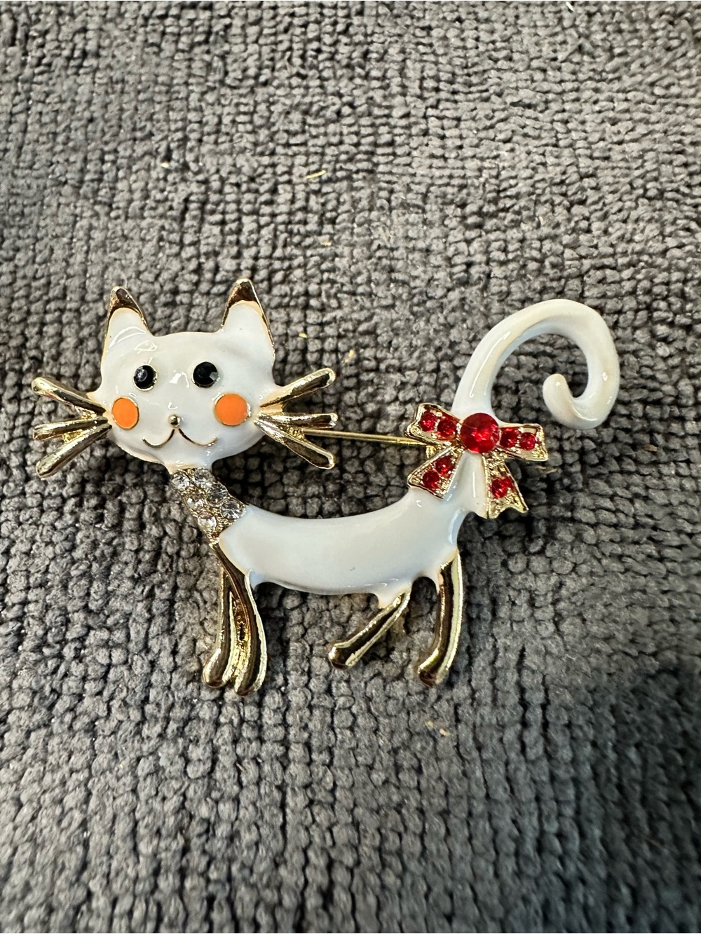 White Cat Enamel Brooch with Red Bow Accent